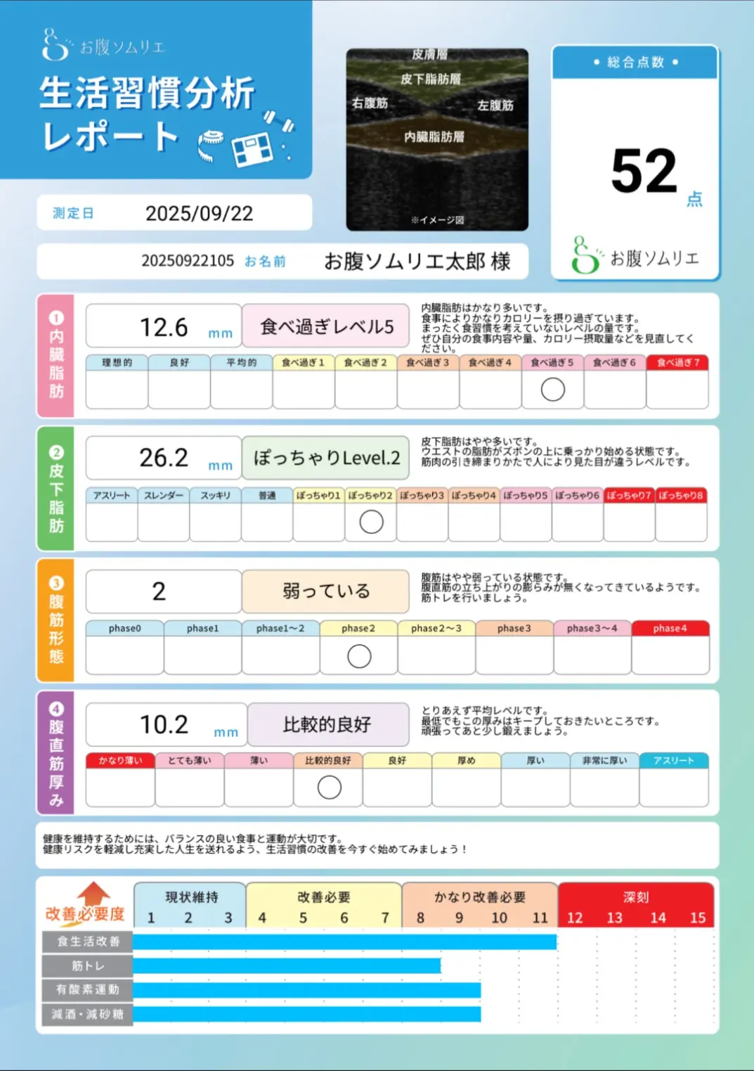 生活習慣分析レポートの見本。超音波画像、総合点数、内臓脂肪・皮下脂肪・腹筋形態・腹直筋厚みの評価を掲載