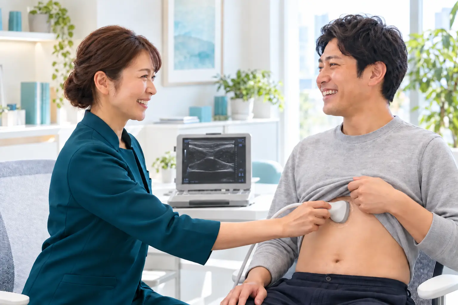 椅子にまっすぐ座った体験者のみぞおちを、認定お腹ソムリエが超音波で測定するSORApisオリジナルイメージ