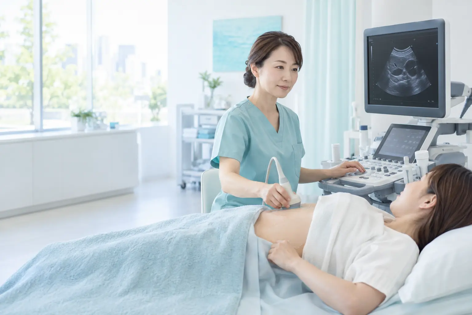 明るい診察室で腹部超音波検査を行う女性技師